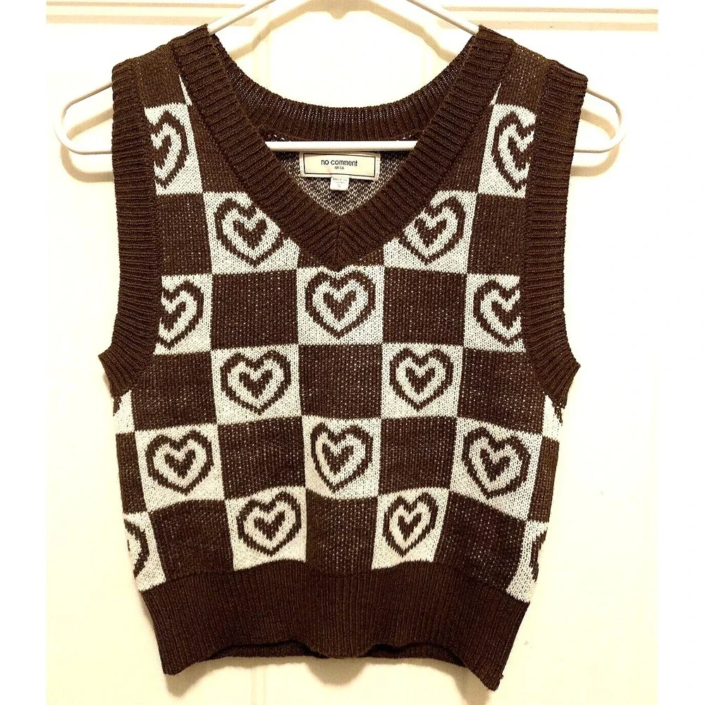 no comment Sweater Vest Womens Juniors Small Brown White V Neck Heart Check‎